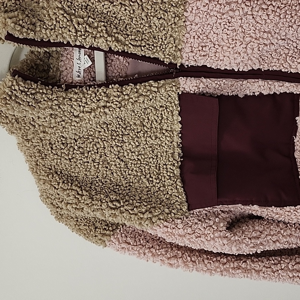 ForLove And Lemons Patchwork Sherpa Full Zip Colorblock Jacket Pink Beige SZ XS - Picture 10 of 17